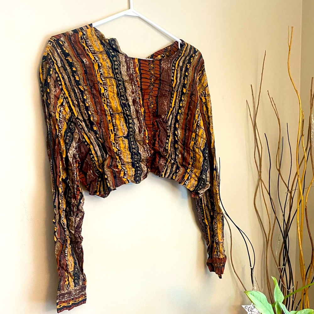 Vintage Bohemian Striped Long Sleeve crop Top long sleeve tee